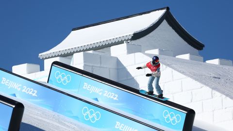 China's Su Yiming performs a trick during a Men's Slopestyle training session ahead of the Beijing 2022 Winter Olympic Games on February 2, 2022.