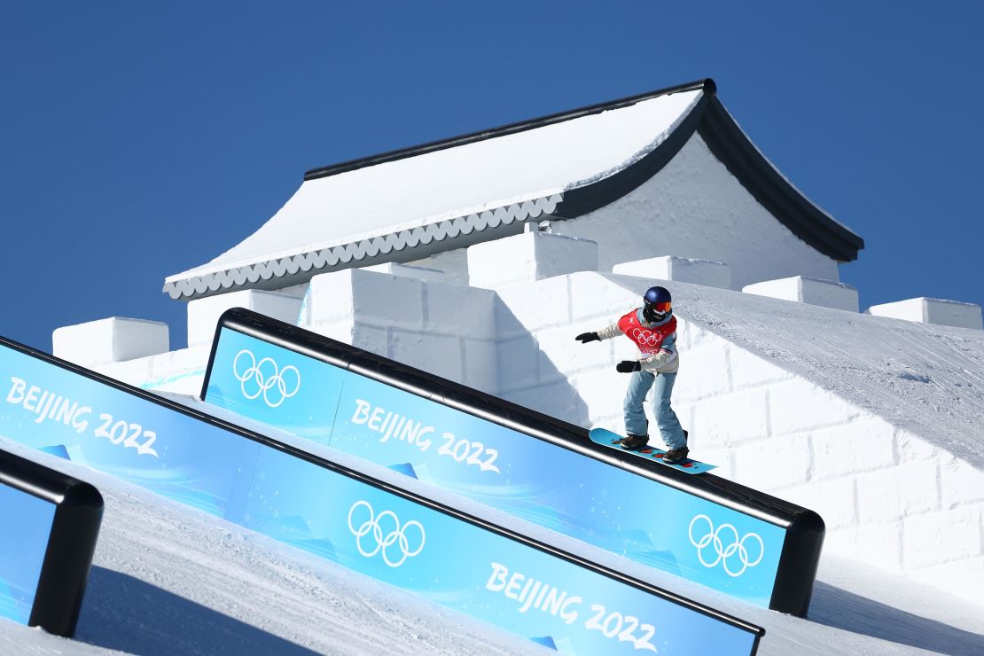 China's Su Yiming performs a trick during a Men's Slopestyle training session ahead of the Beijing 2022 Winter Olympic Games on February 2, 2022.