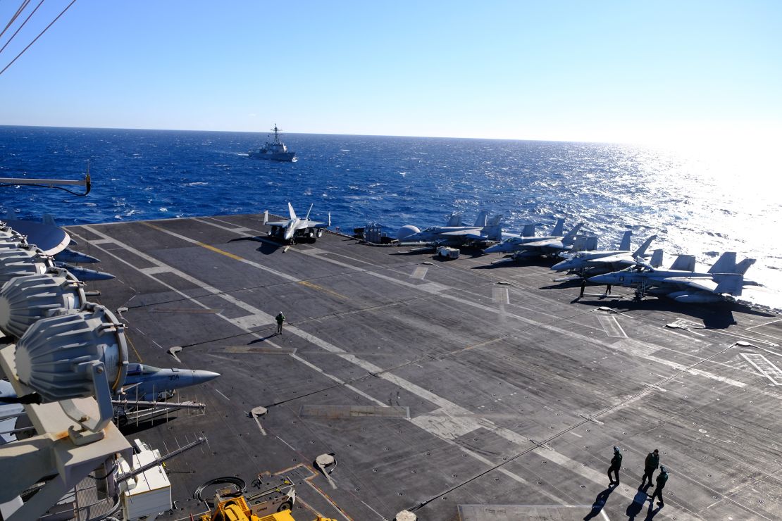 Jets are tightly packed on the flight deck of the USS Harry S Truman during flight operations.