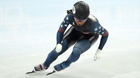 Maame Biney during a short track speed skating practice session ahead of the Beijing 2022 Winter Olympics.