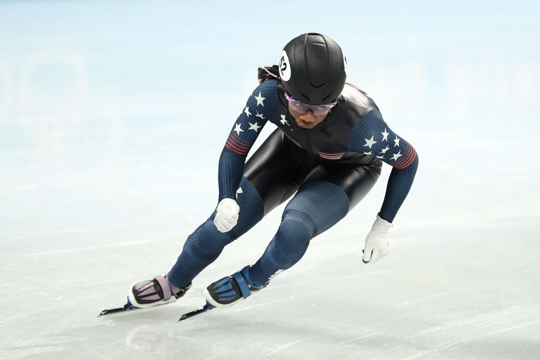 Maame Biney during a short track speed skating practice session ahead of the Beijing 2022 Winter Olympics.