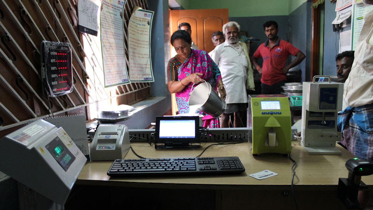 Farmers bring milk to village collection centers where it is weighed, analyzed and priced. This is also where farmers receive payment for their milk.