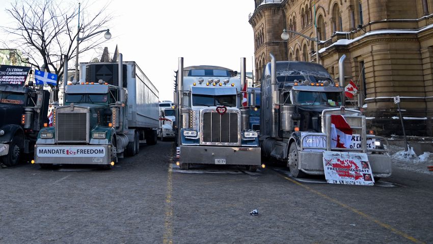Trucks lined up next to the Parliament building during the 4th Day of Trucker's protest against the mandatory vaccine policy imposed on the Canadian truckers returning from USA to avoid a two week quarantine at Parliament Hill in Ottawa-Canada (Photo by Arindam Shivaani/NurPhoto via Getty Images)