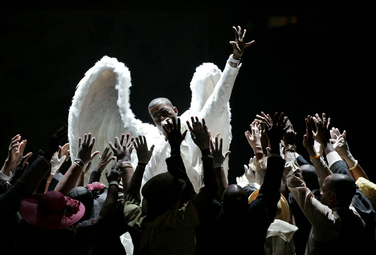 West performs "Jesus Walks" on stage during the Grammy Awards in 2005. It won Best Rap Song that year, and "The College Dropout" won Best Rap Album.