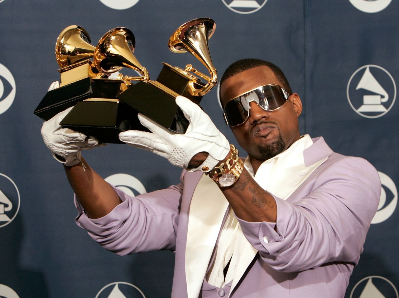 West poses with his awards at the 2006 Grammys. His second album, "Late Registration," won Best Rap Album. "Diamonds from Sierra Leone" won Best Rap Song, and "Gold Digger" won Best Rap Solo Performance.
