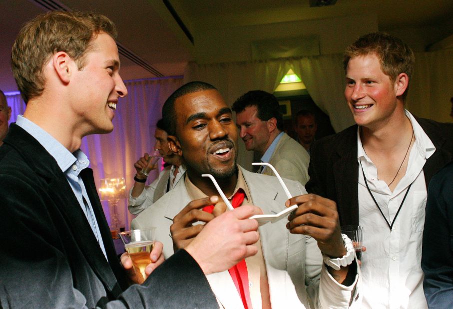 West shares a joke with Prince Harry and Prince William while in London in 2007. 