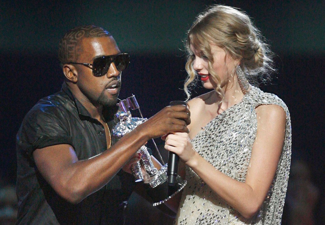 West takes the microphone from Taylor Swift, interrupting her as she accepts an award at the MTV Video Music Awards in 2009. "Taylor, I'm really happy for you, and I'm gonna let you finish, but Beyonce had one of the best videos of all time," said West, who was heavily criticized for stealing Swift's moment. He later apologized on his blog.