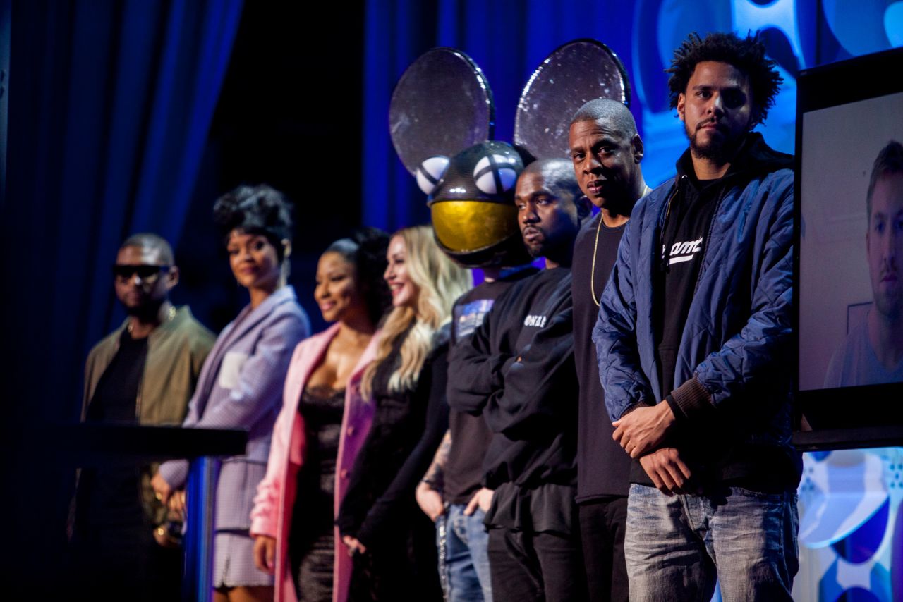 West and other musicians appear at the announcement of Jay-Z's Tidal music service in 2015.