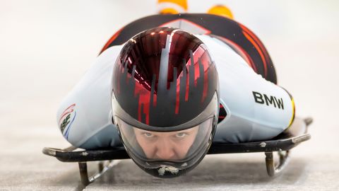 Belgium's Kim Meylemans competes during the second run of the women's skeleton competition of the IBSF Skeleton World Championship in Altenberg, Germany, on February 11, 2021.