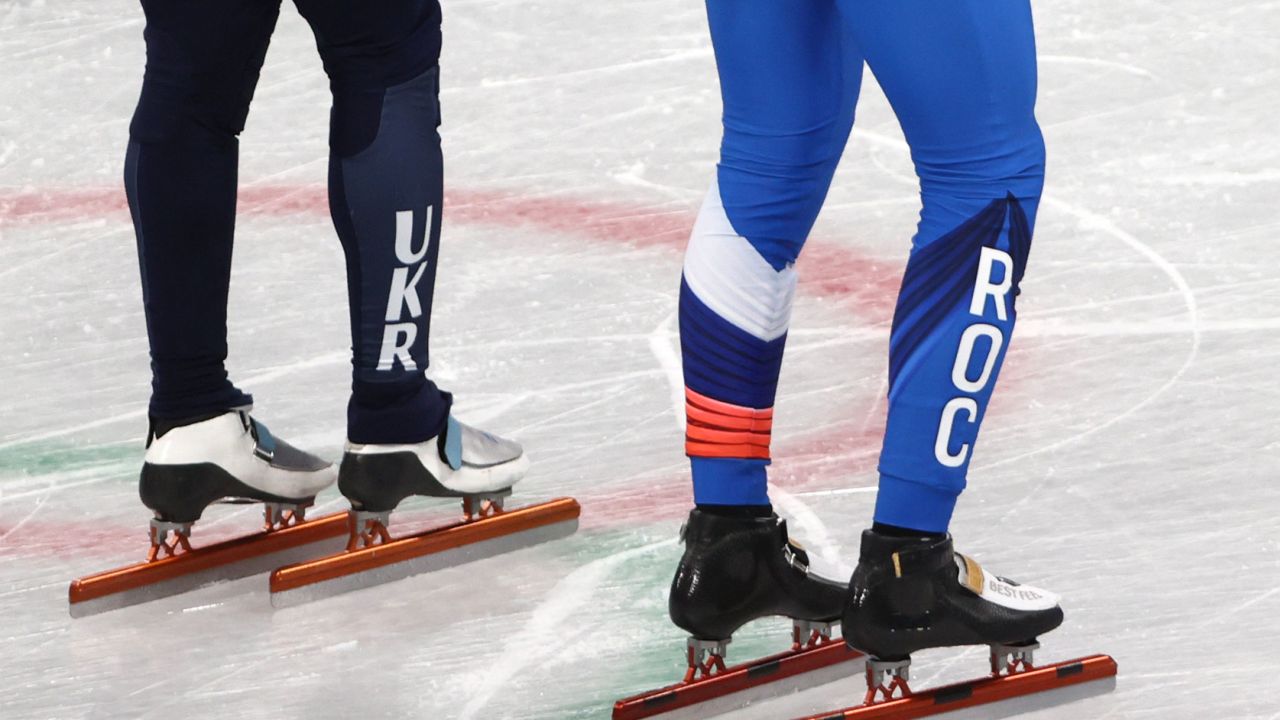 Short track speed skaters Semyon Yelistratov (right) of the ROC and Oleg Gandei of Ukraine train at the Capital Indoor Stadium ahead of the 2022 Winter Olympic Games.