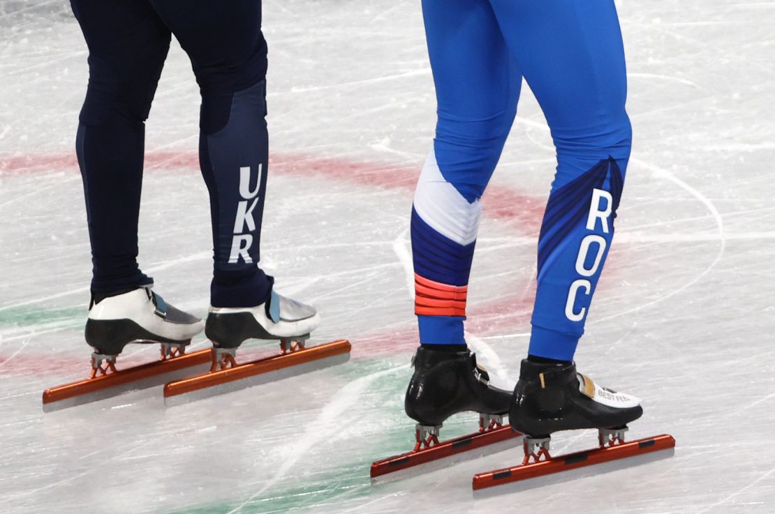 Short track speed skaters Semyon Yelistratov (right) of the ROC and Oleg Gandei of Ukraine train at the Capital Indoor Stadium ahead of the 2022 Winter Olympic Games.