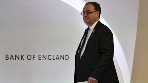 Governor of the Bank of England Andrew Bailey arrives for a press conference.