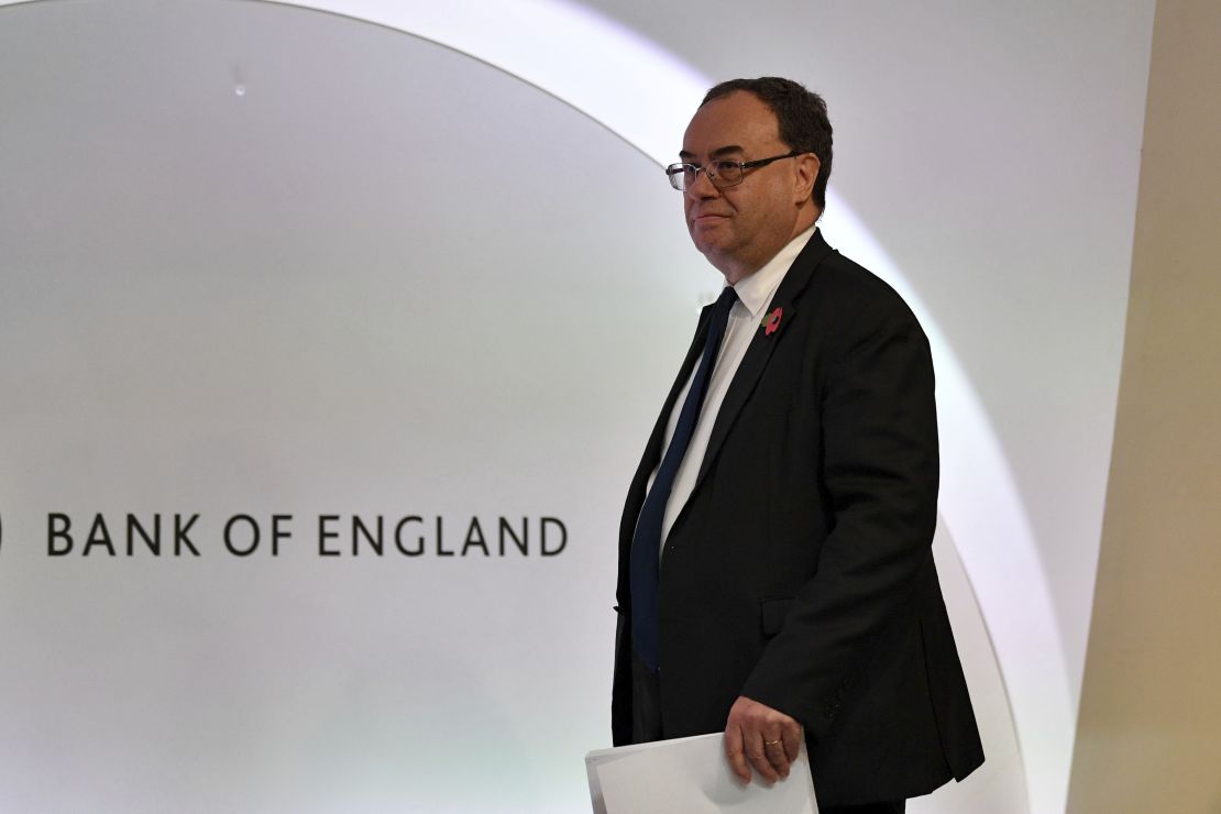 Governor of the Bank of England Andrew Bailey arrives for a press conference.