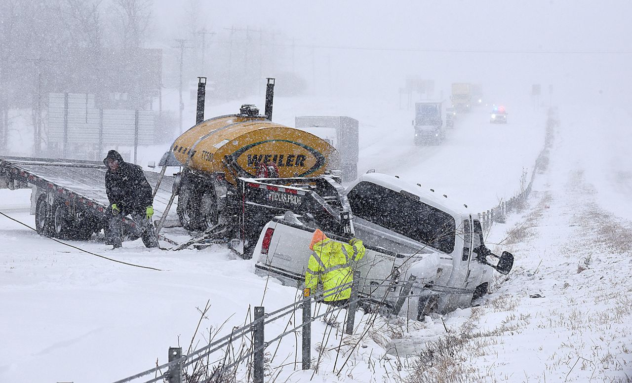 A pickup truck needs to be pulled out after sliding into the median of Interstate 70 near Columbia, Missouri.