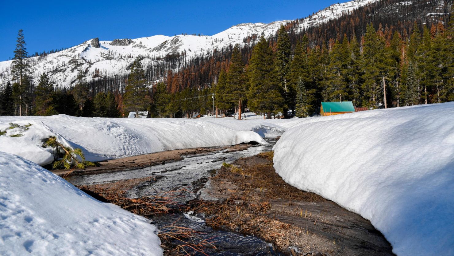 Snow melts into a creek around where the California Department of Water Resources held the second snow survey of the season Tuesday near Echo Summit, California. Statewide snowpack is declining after a dry January. 