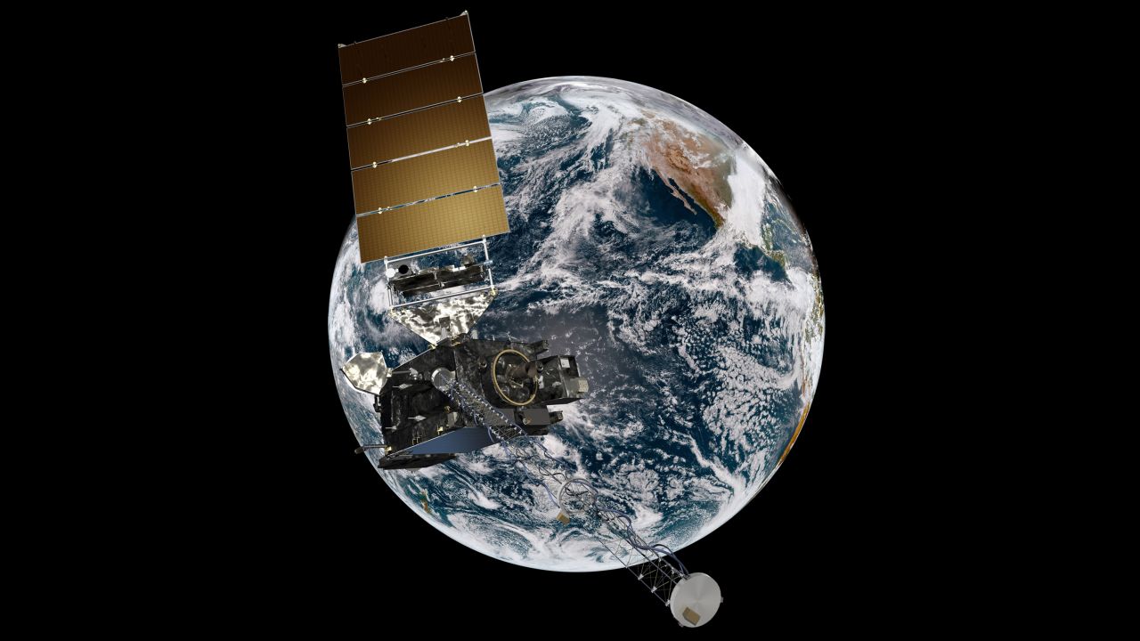 This artist's rendering shows a GOES spacecraft in orbit around Earth.