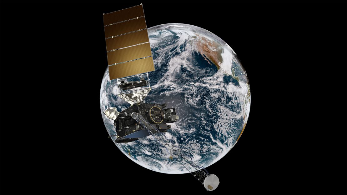 Artist rendering of GOES-17 satellite with full disk GeoColor GOES-17 (GOES East) satellite