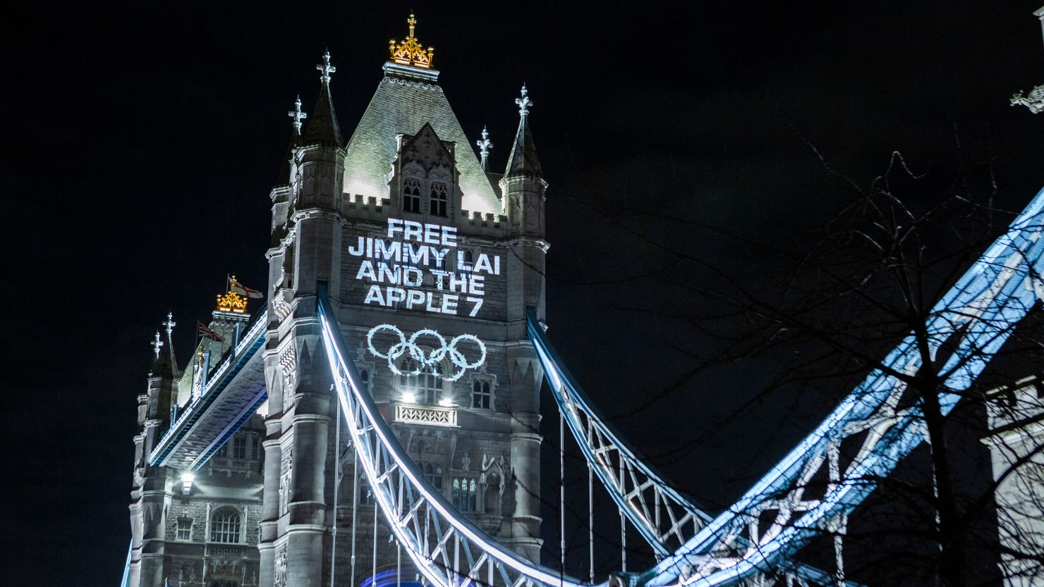 'Committee for Freedom in Hong Kong' project messages on the Tower Bridge in London. 