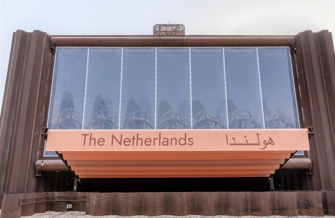 A view of the outside of the Netherlands pavilion.