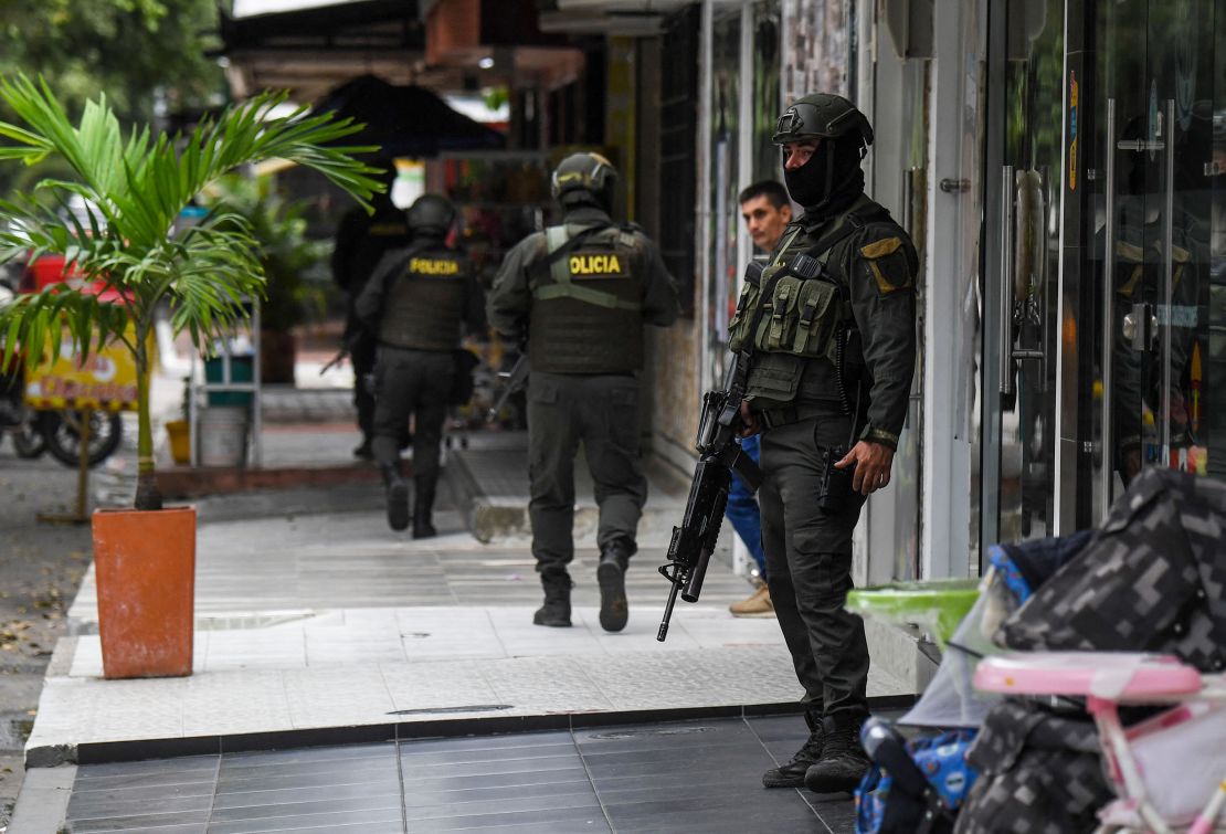 Colombia's National Police patrol the streets of Savarena, Arauca on January 23.