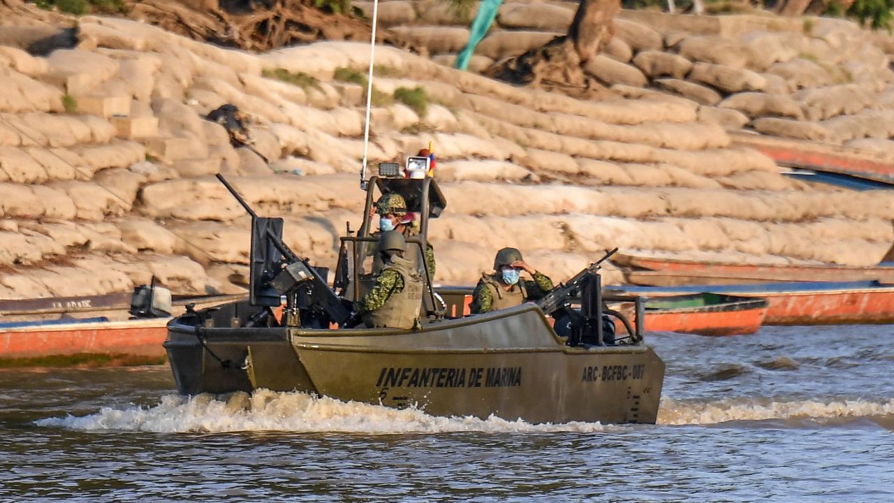 Colombian military guards patrol the Rio Arauca in Arauca, Colombia on January 22. 