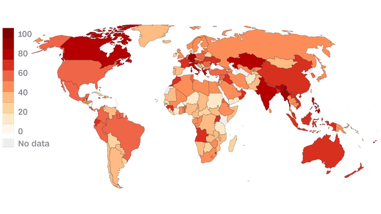 The Oxford Covid-19 stringency index is a composite measure based on nine response indicators including school closures, workplace closures, and travel bans. Its scale ranges from 0 (least strict) to 100 (strictest). Many European nations are easing restrictions in line with their high vaccine uptakes.