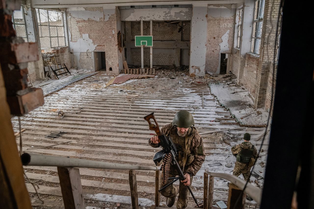 Ukrainian soldiers are posted in Marinka.