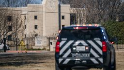COLLEYVILLE, TEXAS - JANUARY 16: A law enforcement vehicle sits near the Congregation Beth Israel synagogue on January 16, 2022 in Colleyville, Texas. All four people who were held hostage at the Congregation Beth Israel synagogue have been safely released after more than 10 hours of being held captive by a gunman. Yesterday, police responded to a hostage situation after reports of a man with a gun was holding people captive.  (Photo by Brandon Bell/Getty Images)