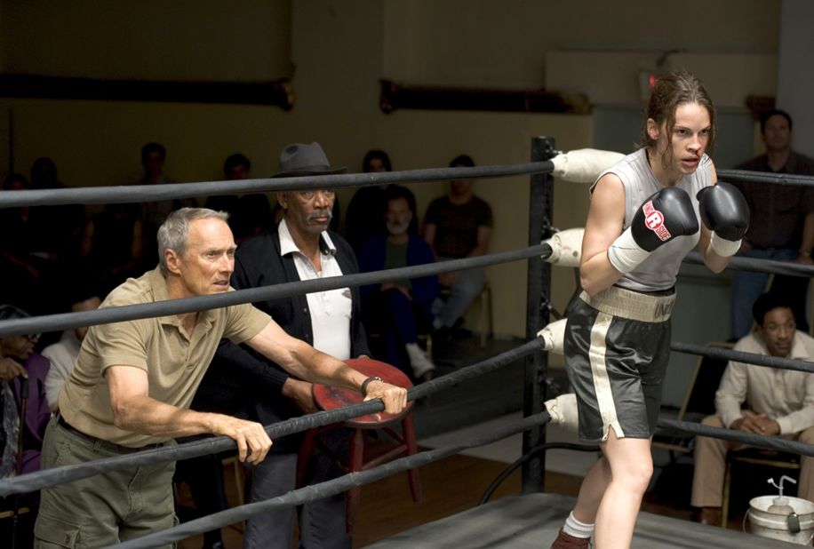 <strong>"Million Dollar Baby" (2005):</strong> "Million Dollar Baby" is about an old trainer (Clint Eastwood, left, with Morgan Freeman and Hilary Swank) who takes on a female boxer, with unforeseen consequences. The film won four Oscars, including a directing prize for Eastwood, best actress for Swank and best supporting actor for Freeman.