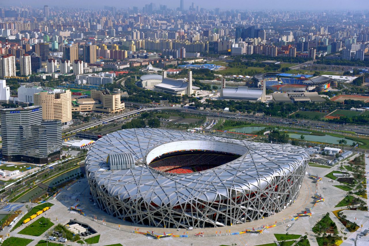 The Beijing National Stadium also known as the "Bird's Nest." 