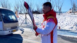 Qi Fabao, a regimental commander in the People's Liberation Army (PLA), carrying the Olypmic torch on Wednesday Feb 2, 2022 at Olympic Foreign Park, Beijing, China. Qi Fabao is one of the PLA soldiers involved in the deadly clash in Galwan Valley skirmish on 15 Jun 2020, in which 20 Indian troops were killed, and Chinese side suffered 4 casualties. Honorary title Heroic Regimental Commander in Border Defense has been granted to Qi Fabao for his heroic service in the clash.<0x0a> (Newscom TagID: eyepress110943.jpg) [Photo via Newscom]
