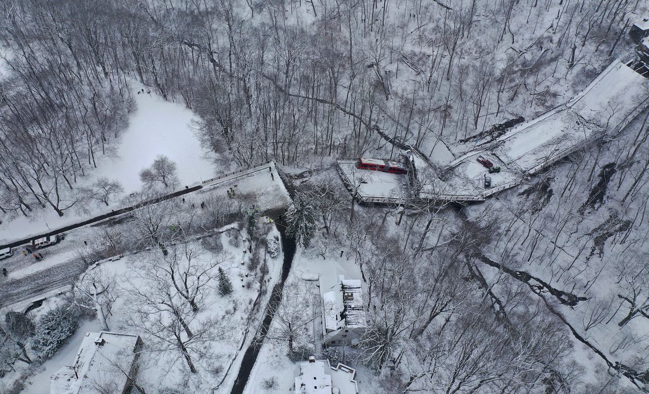 This aerial photo shows a snow-covered bridge that collapsed in Pittsburgh on Friday, January 28. Ten people were injured in <a href="https://www.cnn.com/2022/01/28/us/pittsburgh-bridge-collapse/index.html" target="_blank">the collapse,</a> which happened hours before President Joe Biden visited the city to talk about his administration's efforts to strengthen the nation's infrastructure. The cause of the collapse is under investigation. The bridge had an "overall condition" rating of "poor," according to the Pennsylvania Department of Transportation.
