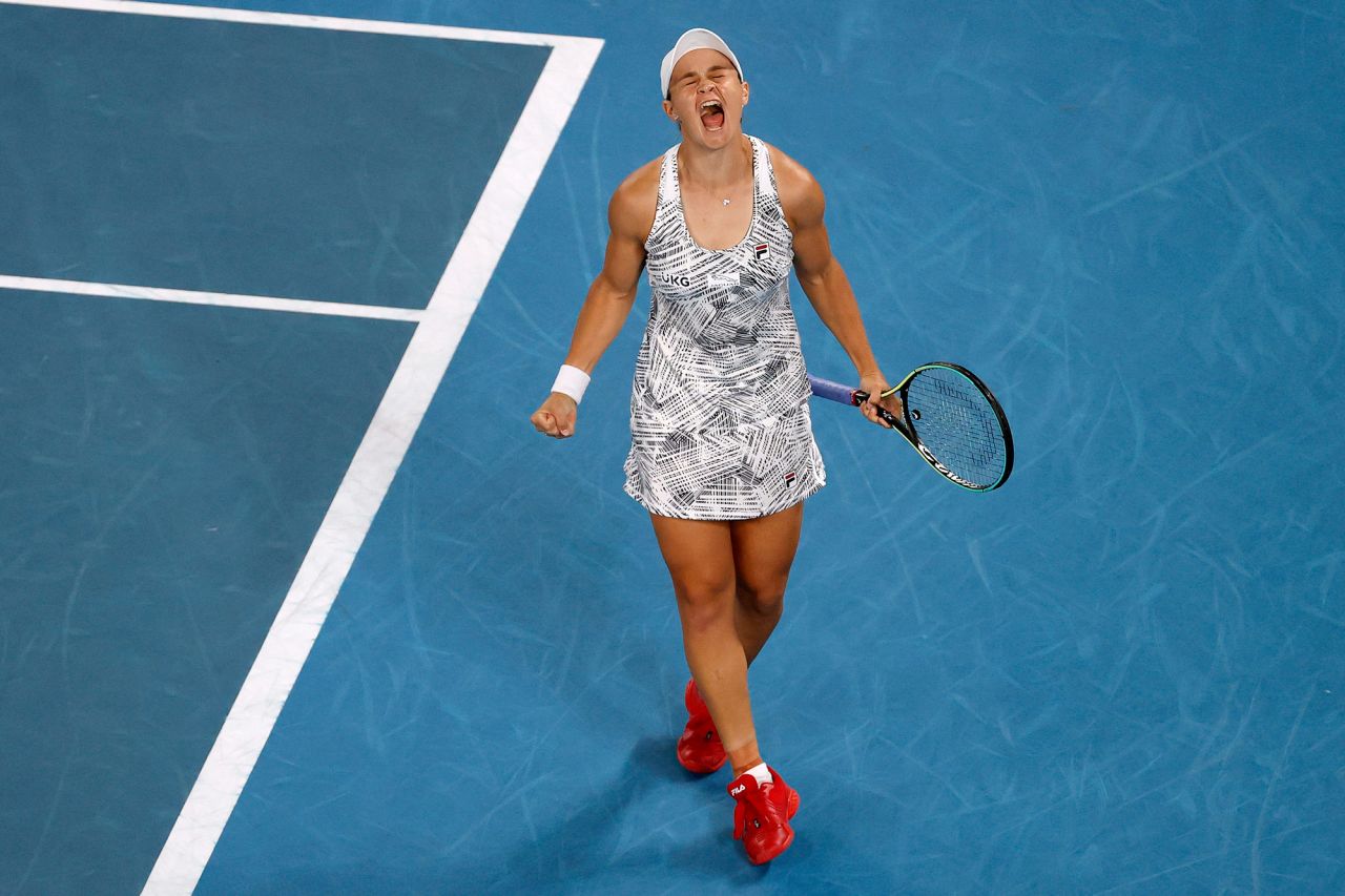 Ashleigh Barty celebrates after defeating Danielle Collins 6-3, 7-6 <a href="https://www.cnn.com/2022/01/29/tennis/australian-open-womens-final-barty-collins-spt-intl/index.html" target="_blank">to win the Australian Open</a> on Saturday, January 29. Barty, the world's top-ranked player, didn't lose a set all tournament as she became the first Australian singles champion since 1978.