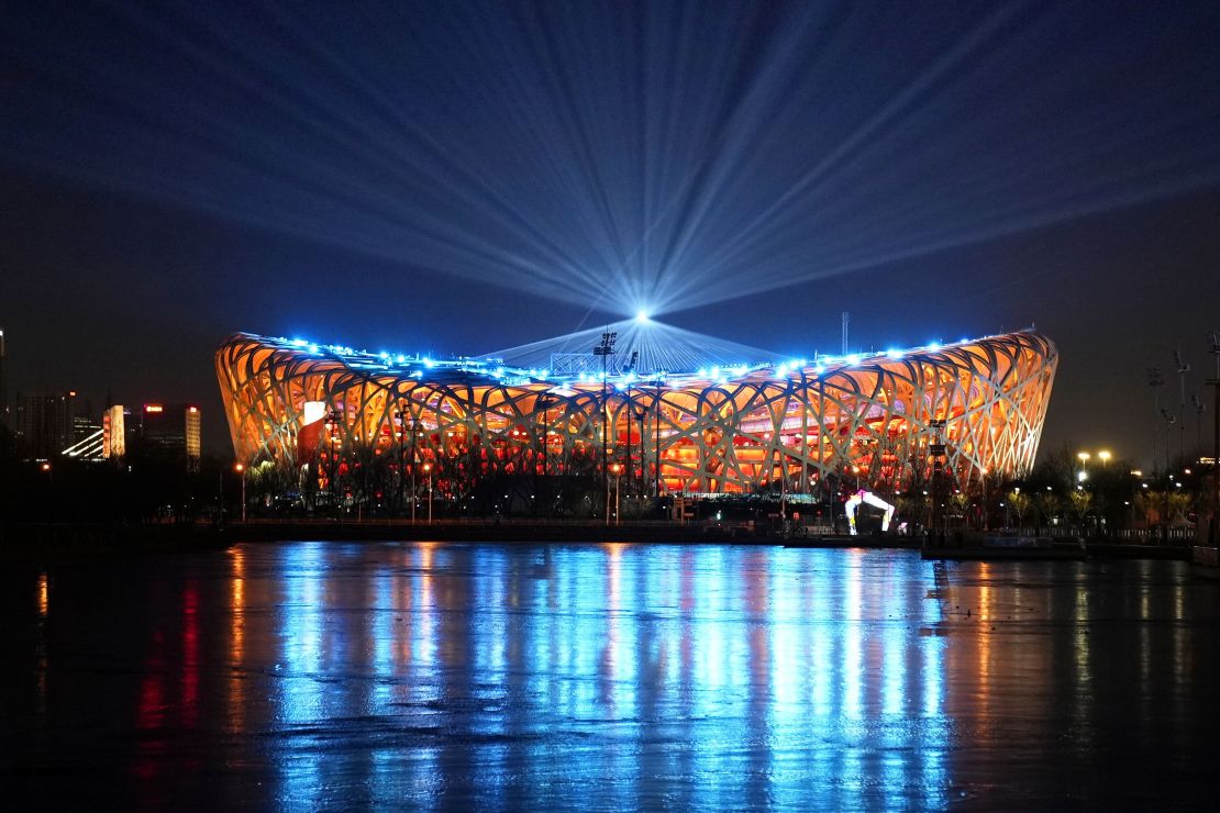 The National Stadium is lit up in Beijing on February 2, two days before it hosts the opening ceremony of the Winter Olympics.