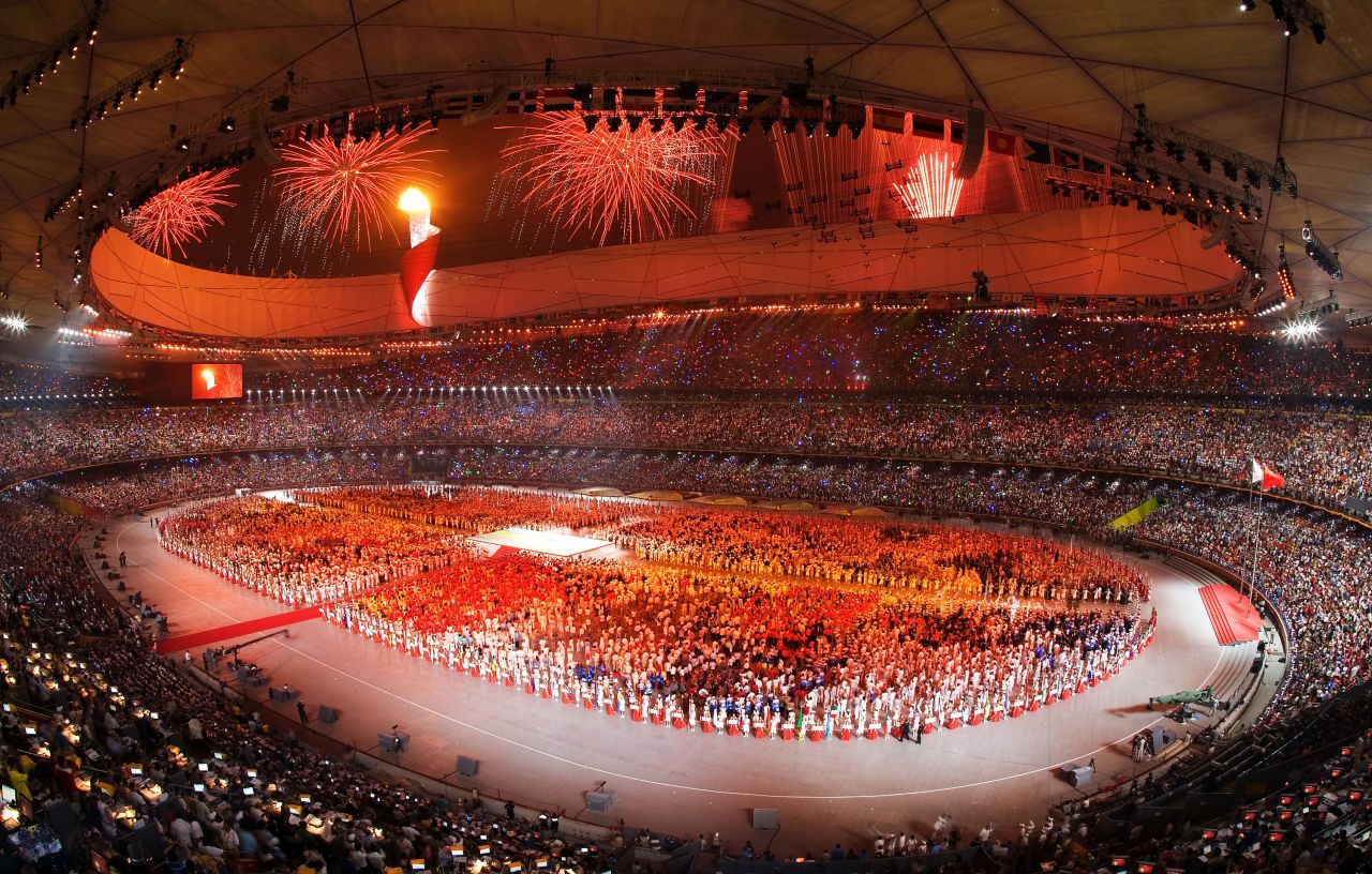 Performers take part in the Beijing Summer Olympics opening ceremony on August 8, 2008. 