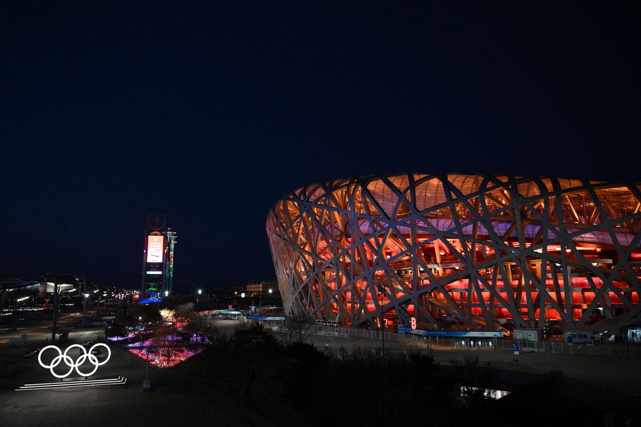 The Olympic rings are seen outside the Beijing National Stadium.