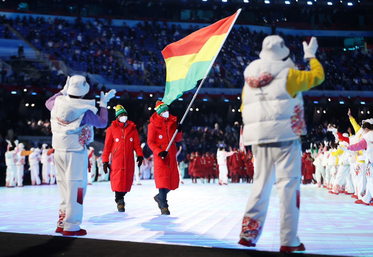 Carlos Maeder carries the flag of Ghana. Ghana is among the <a href="index.php?page=&url=https%3A%2F%2Fwww.cnn.com%2Fworld%2Flive-news%2Fbeijing-winter-olympics-2022-opening-ceremony-spt-intl-hnk%2Fh_f6b0a7113622f8c033ddfc56e73830cb" target="_blank">19 teams</a> that has only one athlete at these Olympics.