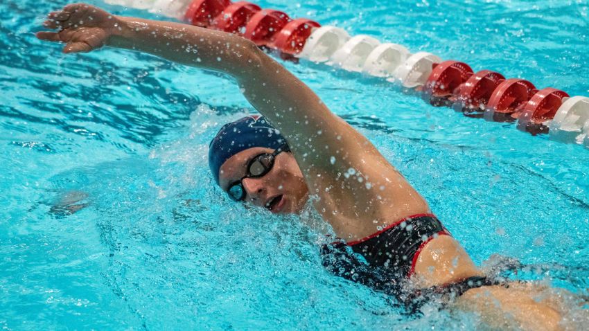 Lia Thomas, a transgender woman, swims for the University of Pennsylvania at an Ivy League swim meet against Harvard University in Cambridge, Massachusetts on January 22, 2022.