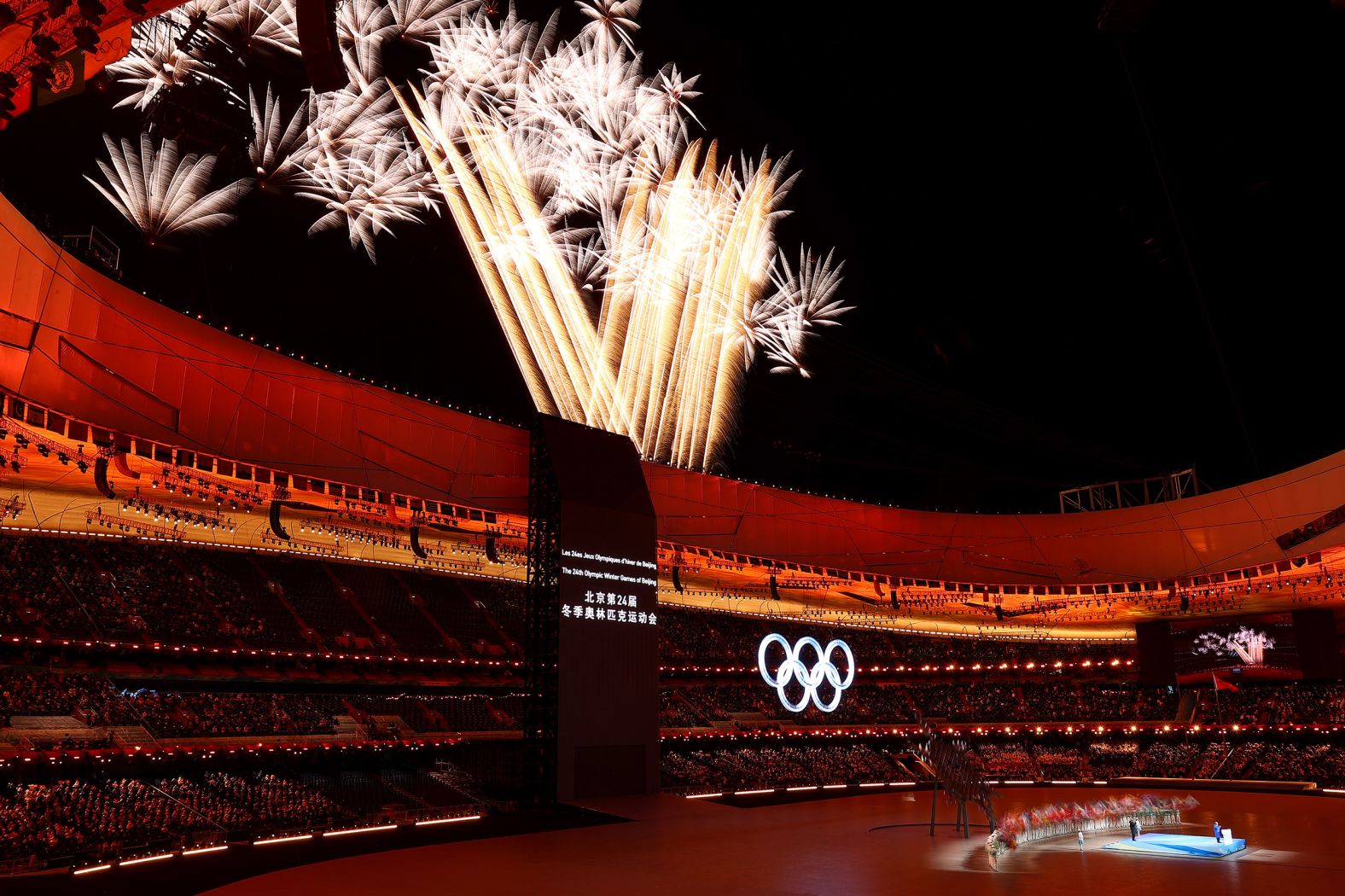 Fireworks explode over the Beijing National Stadium at the opening ceremony. Beijing is the first city in history to host both a Summer and a Winter Olympics.