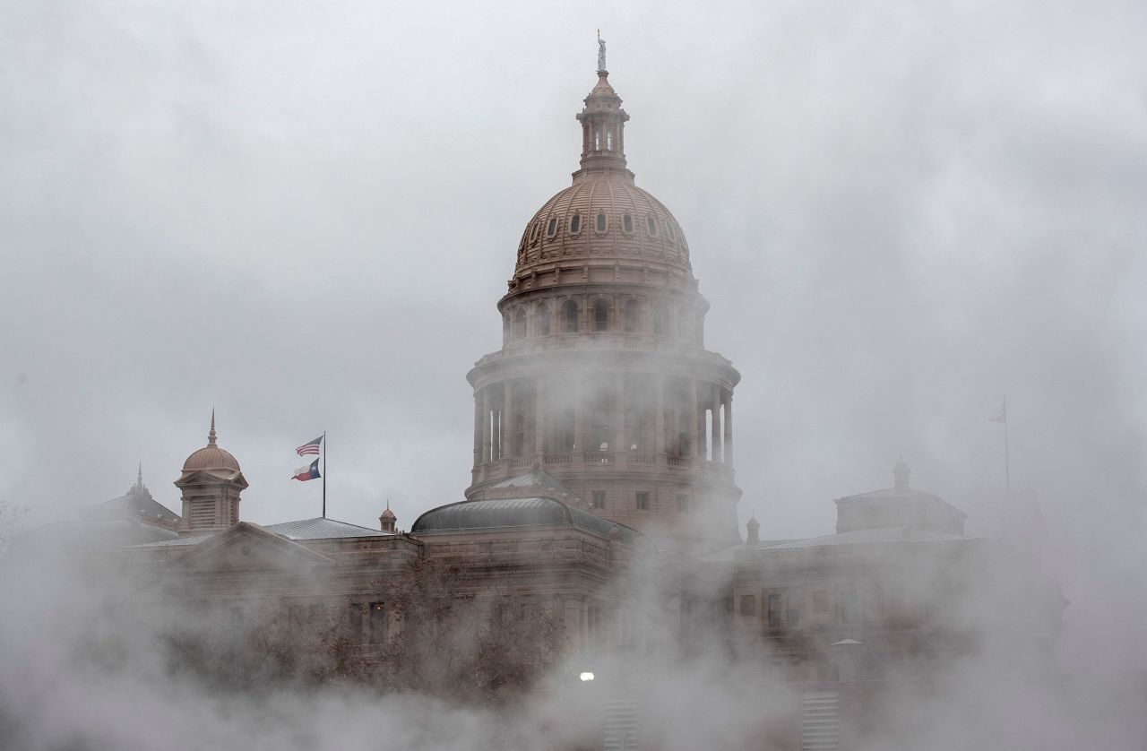The Texas Capitol is enshrouded by steam on February 3.