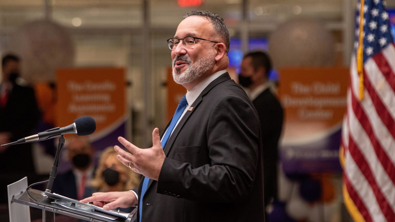 Education Secretary Miguel Cardona visits Bergen Community College in Paramus, New Jersey, on January 20.