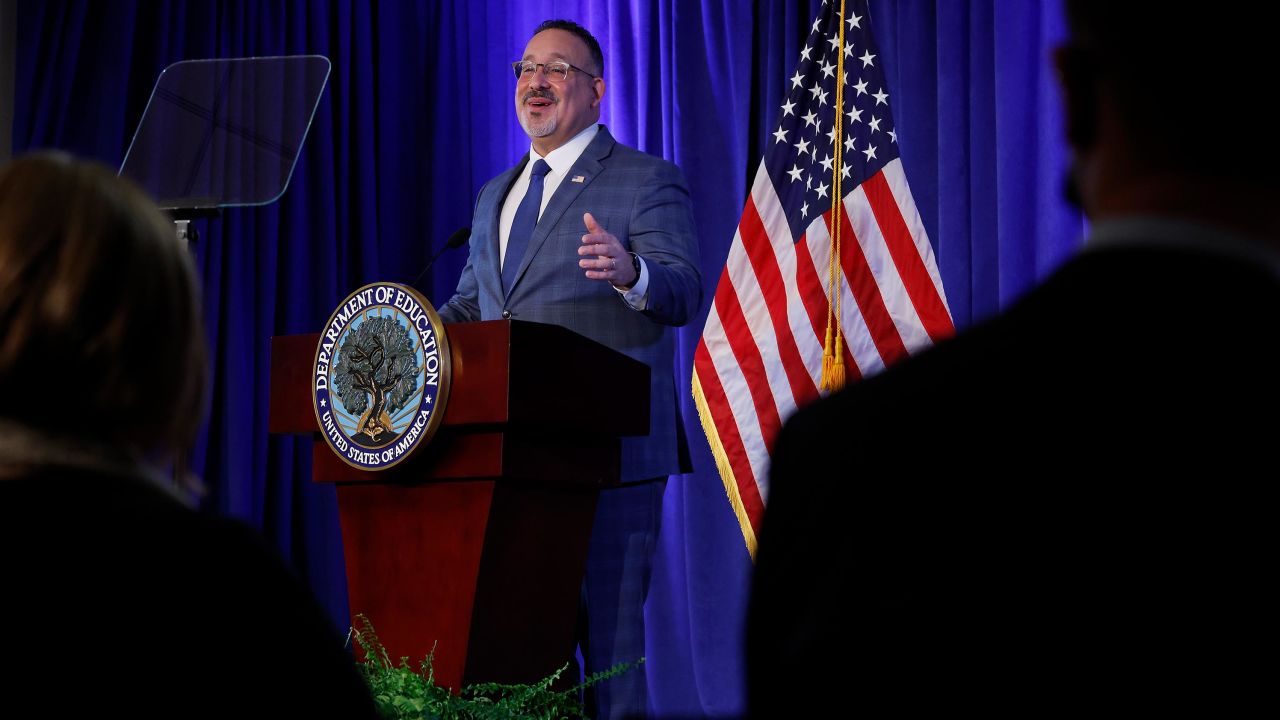 Education Secretary Miguel Cardona delivers remarks at the department's Lyndon Baines Johnson Building on January 27, 2022, in Washington. 