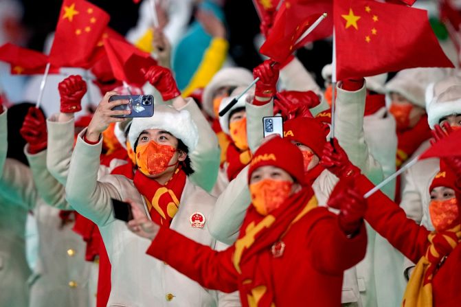 China's team enters the stadium during the opening ceremony's parade of nations.