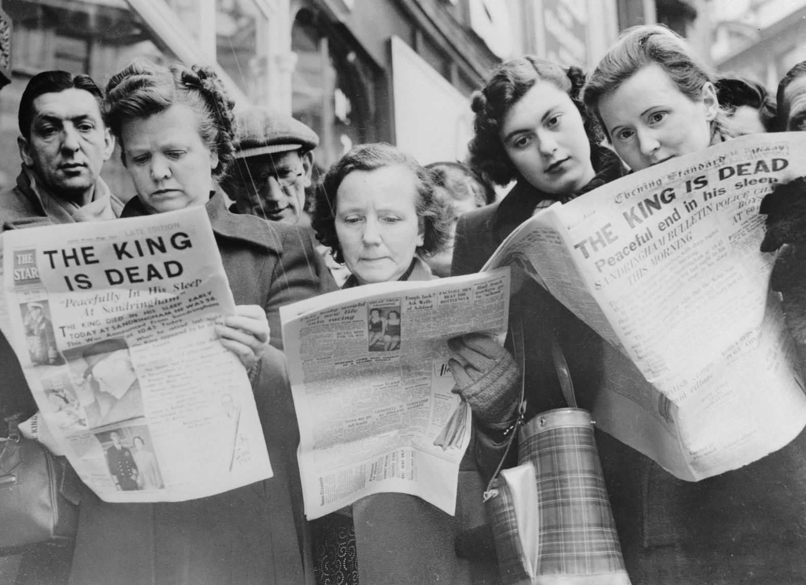 Londoners read the news of King George's death on February 6, 1952. He was 56 years old when he died in his sleep from a coronary thrombosis.