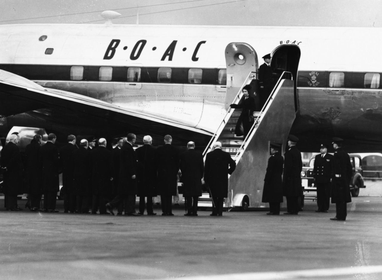Elizabeth, now the new Queen, returns from Kenya on February 7, 1952.