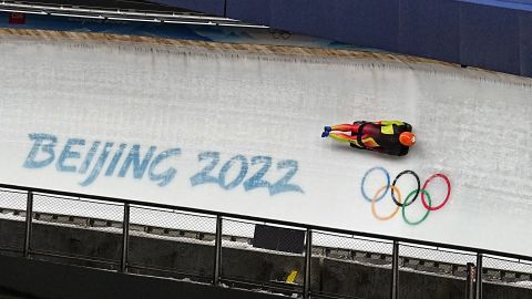 German Skeleton athlete Alexander Gassner trains at the National Sliding Centre in Yanqing, China, on February 2, 2022.