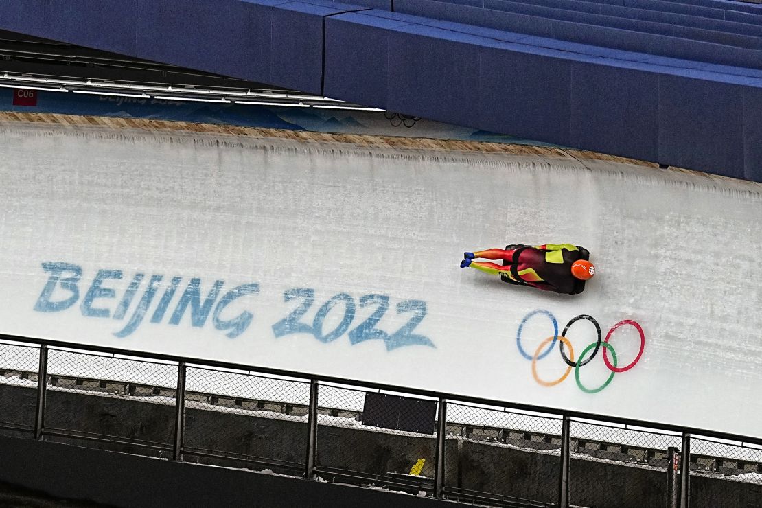 German Skeleton athlete Alexander Gassner trains at the National Sliding Centre in Yanqing, China, on February 2, 2022.