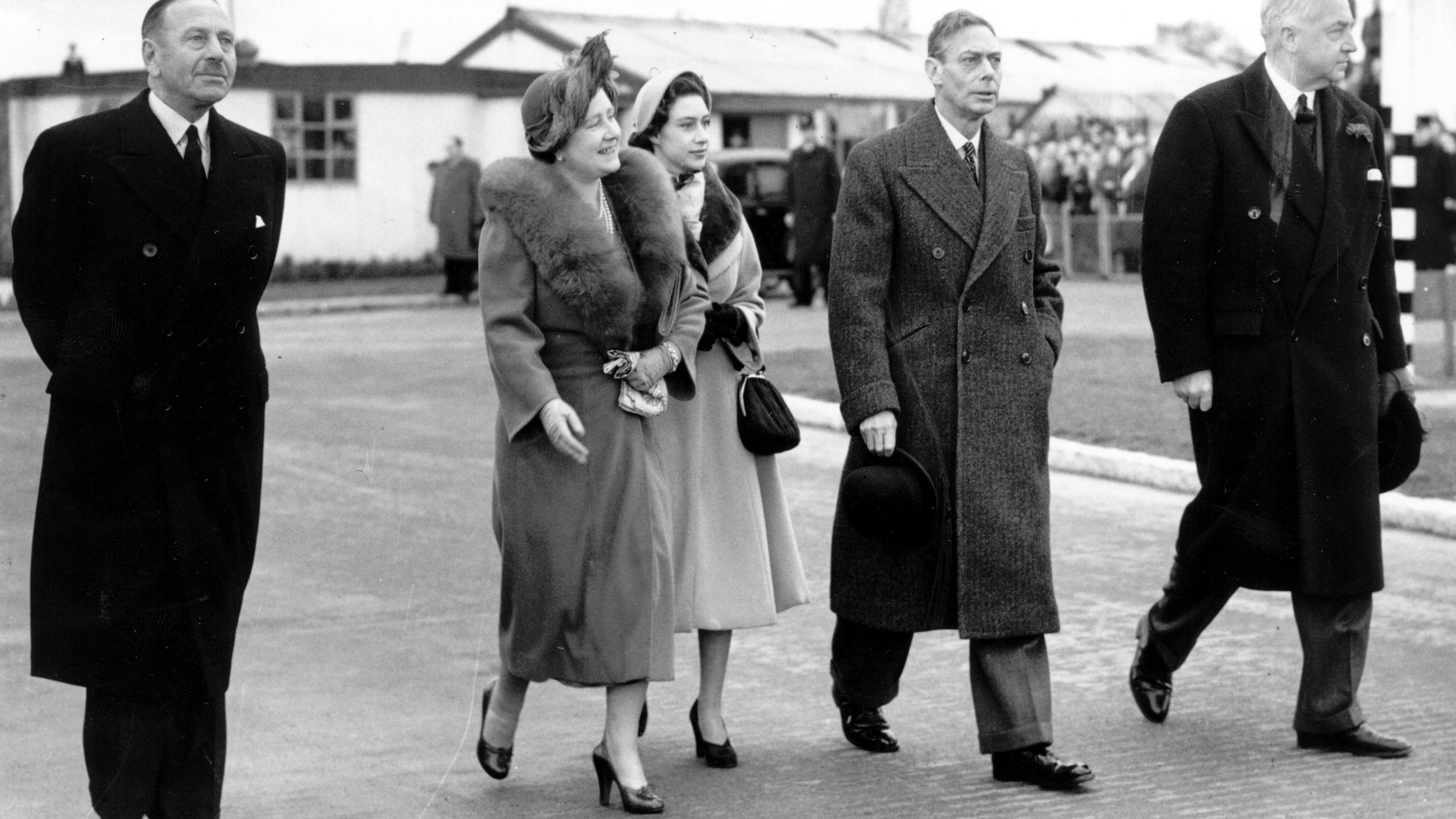 King George VI, Queen Elizabeth and Princess Margaret at London airport to say goodbye to Princess Elizabeth and the Duke of Edinburgh on January 31, 1952. The couple were heading off on a tour of the Commonwealth.