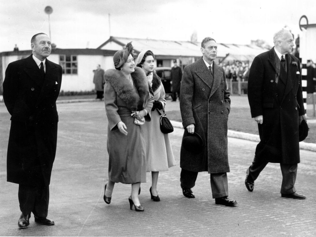 King George VI, Queen Elizabeth and Princess Margaret at London airport to say goodbye to Princess Elizabeth and the Duke of Edinburgh on January 31, 1952. The couple were heading off on a tour of the Commonwealth.