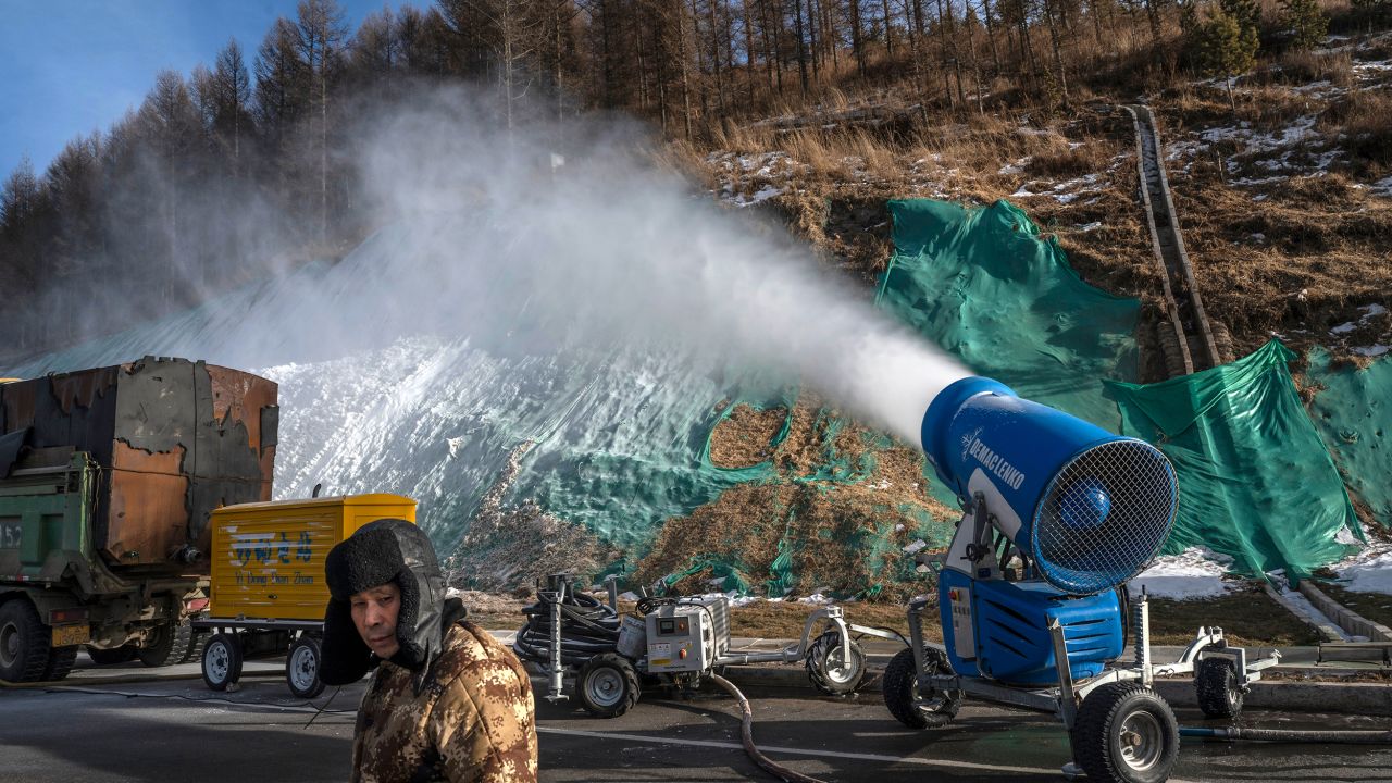 Artificial snow machines go to work in January outside one of the athletes villages in Zhangjiakou.